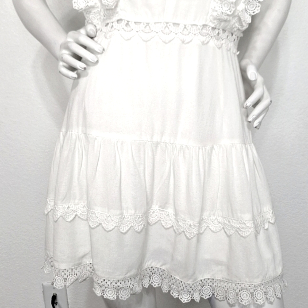 Entro White Ruffle Eyelet Coquette Romantic V-Neck Cottagecore Mini Dress Size L - Picture 4 of 16